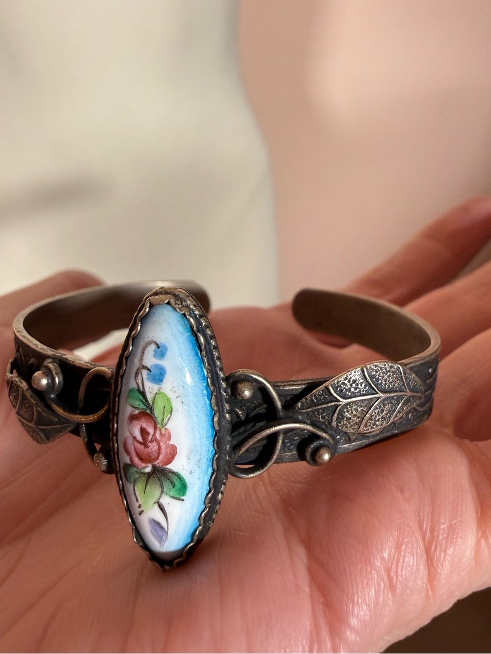 Vintage Russian Rostov Finift Hand Painted silver cuff bracelet Victorian Boho - Picture 15 of 16